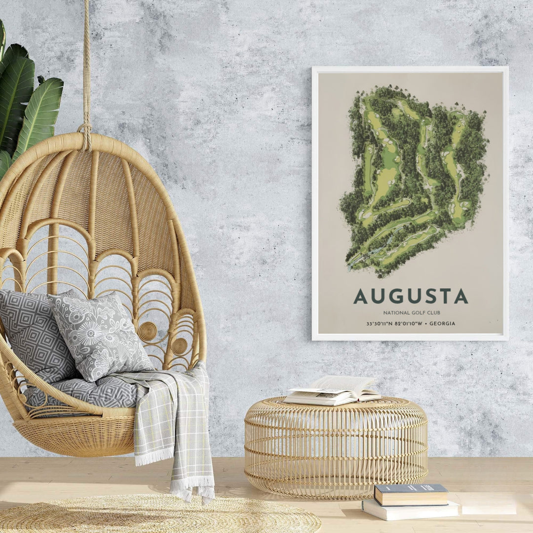 Sophisticated golf wall decor print displaying the isolated satellite shape of Augusta Georgia surrounded by clean, warm margin space. Offered by MapYourDreams, this artwork is available in flexible options including unframed paper, custom wooden frames, and gallery canvas wraps for tailored home wall decor setups.