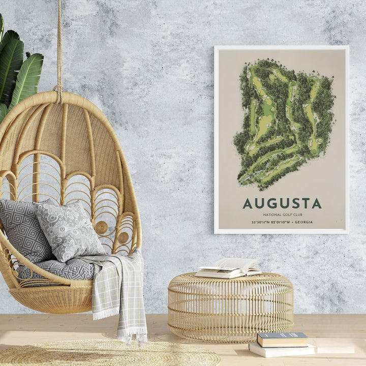 Sophisticated golf wall decor print displaying the isolated satellite shape of Augusta Georgia surrounded by clean, warm margin space. Offered by MapYourDreams, this artwork is available in flexible options including unframed paper, custom wooden frames, and gallery canvas wraps for tailored home wall decor setups.