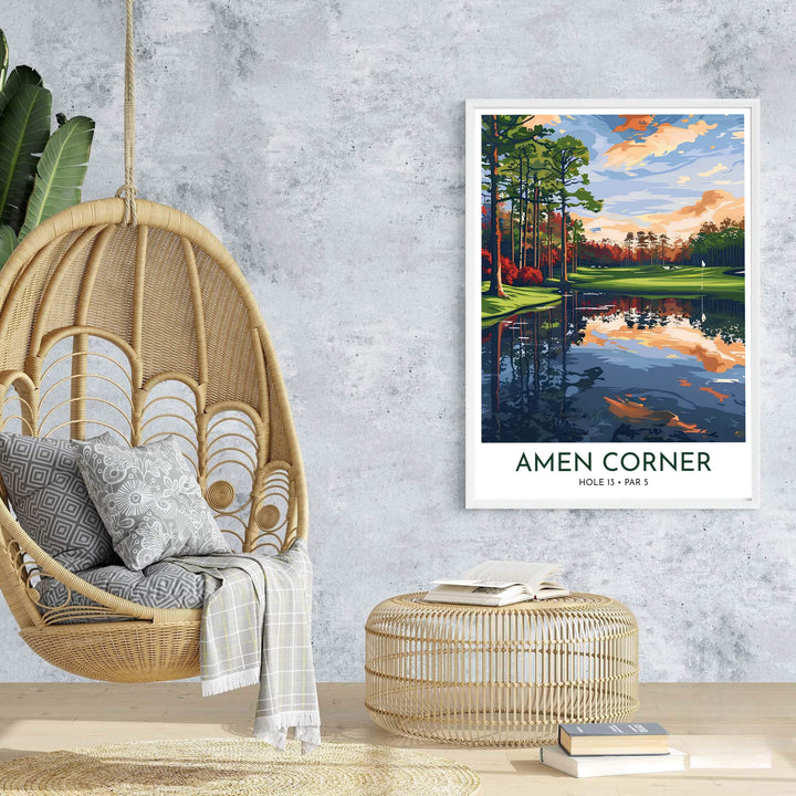 Executive golf decor poster showcasing Hole 13 Azalea under warm golden sunset light surrounded by tall pines and pristine water in Augusta Georgia. Offered by MapYourDreams, this artwork is available in flexible options including unframed paper, custom wooden frames, and gallery canvas wraps for tailored home wall decor setups.