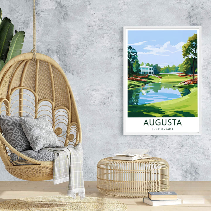 Executive golf decor poster showcasing Hole 16 Redbud under bright midday light surrounded by pine trees and white buildings in Augusta Georgia. Offered by MapYourDreams, this artwork is available in flexible options including unframed paper, custom wooden frames, and gallery canvas wraps for tailored home wall decor setups.