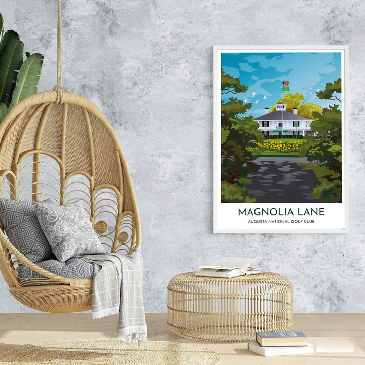 Executive golf decor poster showcasing Magnolia Lane under bright daylight surrounded by historic trees and vibrant flowers in Augusta Georgia. Offered by MapYourDreams, this artwork is available in flexible options including unframed paper, custom wooden frames, and gallery canvas wraps for tailored home wall decor setups.