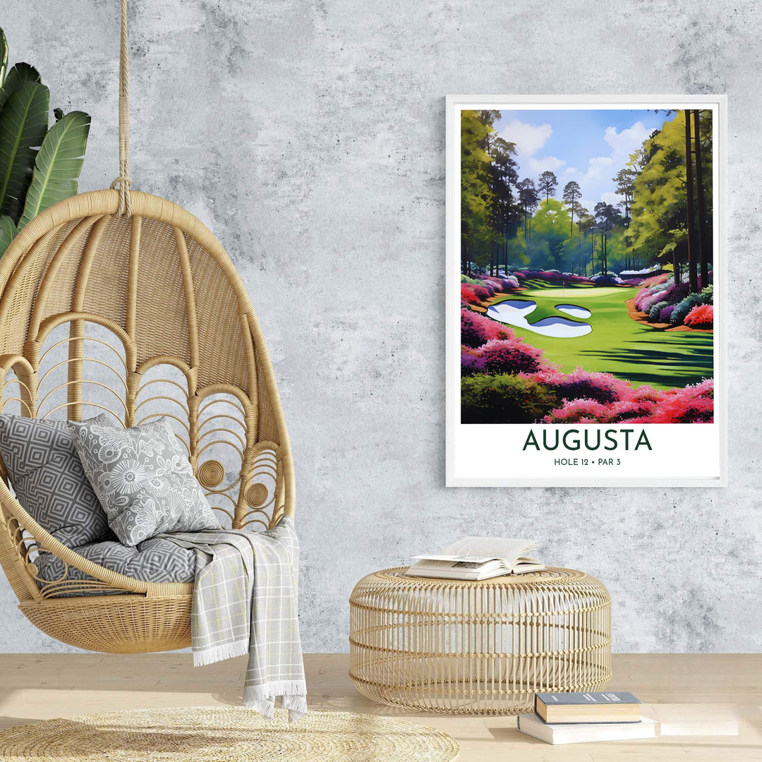 Executive golf decor poster showcasing Hole 12 Golden Bell under bright spring daylight surrounded by azalea blossoms in Augusta Georgia. Offered by MapYourDreams, this artwork is available in flexible options including unframed paper, custom wooden frames, and gallery canvas wraps for tailored home wall decor setups.