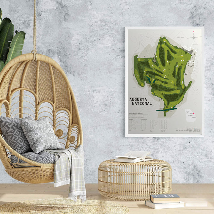 Sophisticated golf gift wall decor showing the full layout map of Augusta National with clean typography, hole chart, and elevation contours. Offered by MapYourDreams, this artwork is available in flexible options including unframed paper, custom wooden frames, and gallery canvas wraps.