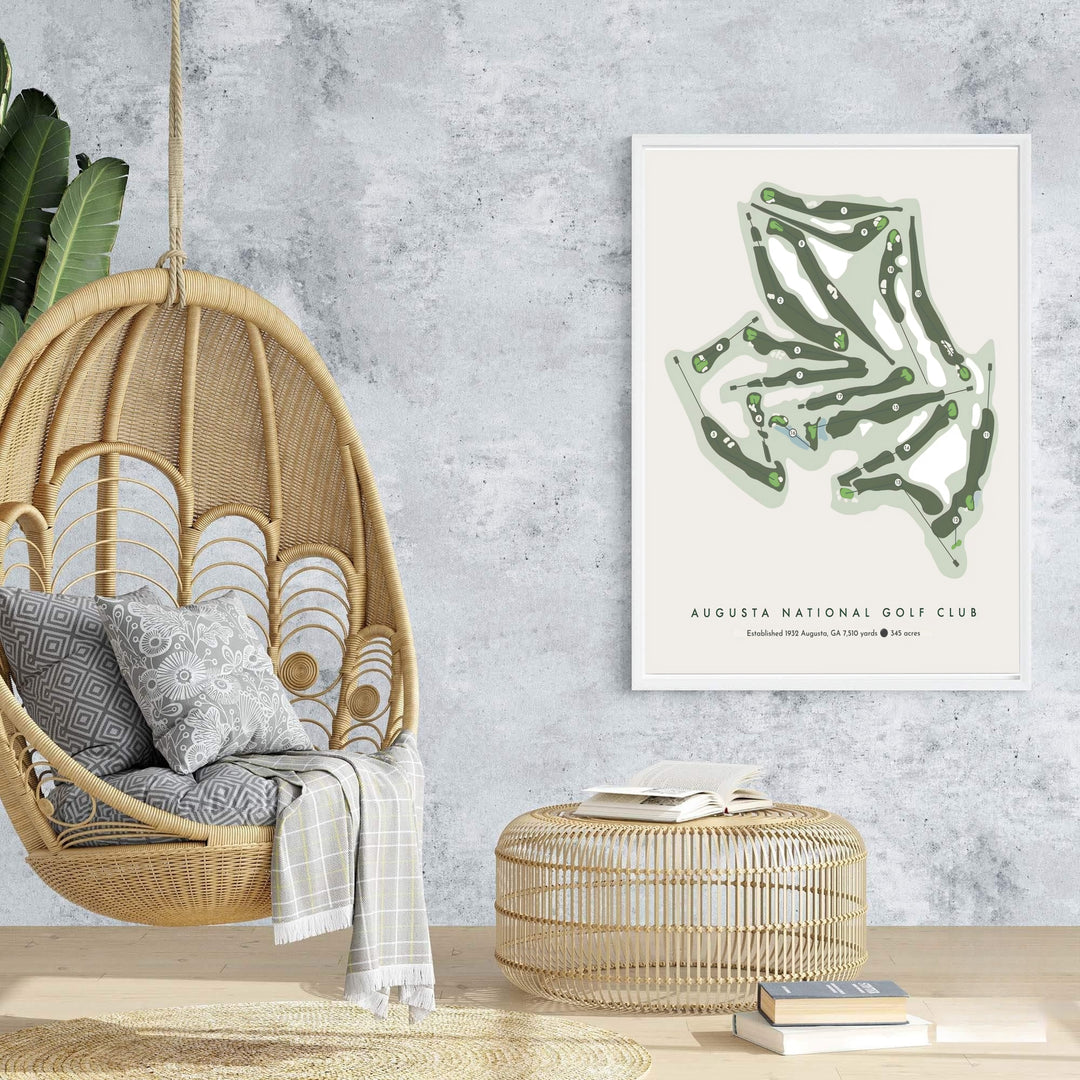 Modern minimalist travel poster style print of Augusta Georgia featuring an artistic overhead layout of the 18 holes in forest green and natural cream tones. Offered by MapYourDreams, this artwork is available in flexible options including unframed paper, custom wooden frames, and gallery canvas wraps.
