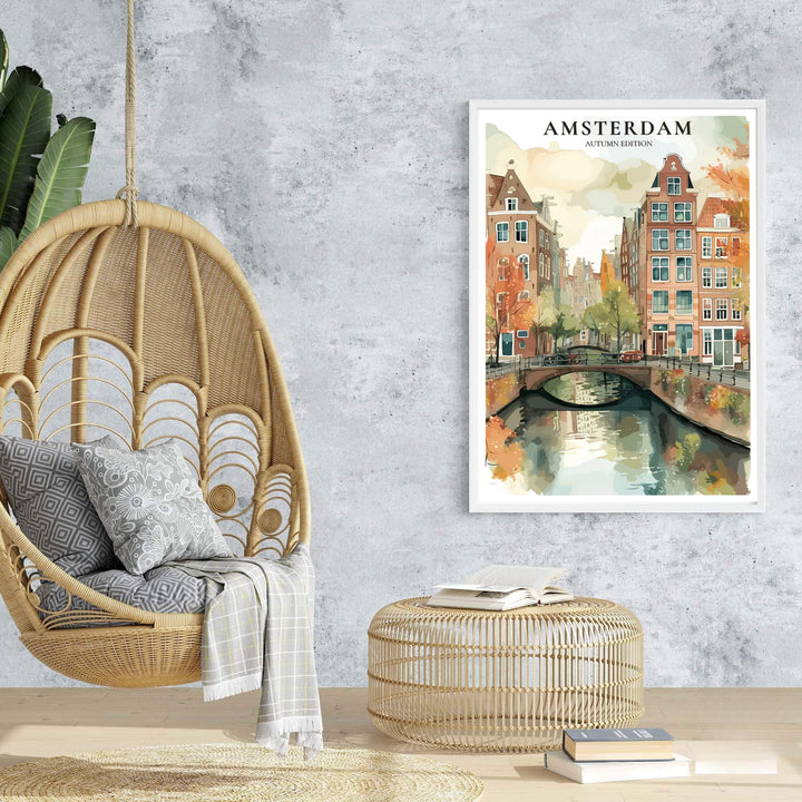 Vibrant autumn city poster of traditional Amsterdam architecture and cozy seasonal canal side foliage, offered at MapYourDreams with options for unframed paper prints, gallery-quality stretched canvas, or custom frame finishes for warm, stylish home interior arrangements.