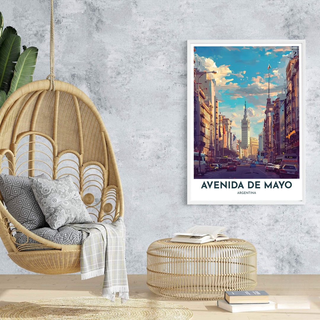 Scenic cityscape wall art of Avenida de Mayo in Argentina showcasing golden sunlight, street traffic, and historic architectural landmarks. Designed by MapYourDreams, customers can select from unmounted paper, handcrafted timber frames, or stretched canvas wraps.