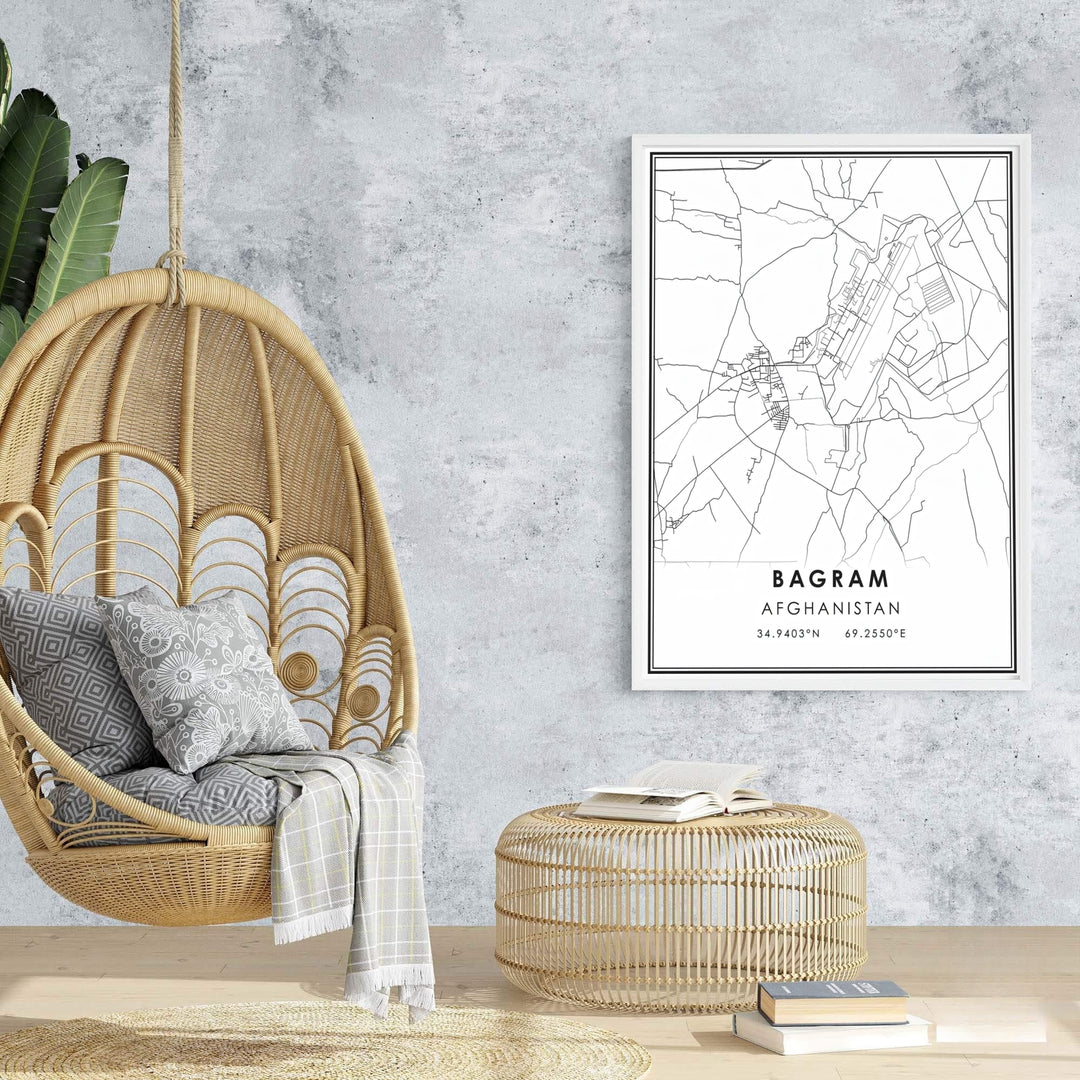 Sleek modern map print of Bagram Afghanistan featuring detailed airfield geography and crisp white margin borders, supplied by MapYourDreams as an unframed paper print, stretched canvas wall art, or custom framed wall decor for minimalist bedroom gallery wall arrangements.