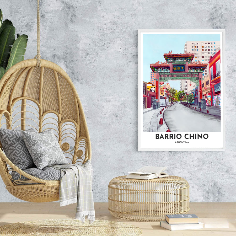 High-quality urban watercolor illustration of Barrio Chino in Argentina highlighting intricate roof carvings and stone lion guardians. An exclusive from MapYourDreams, you can select your preferred style from borderless paper prints, custom wooden framing, or gallery canvas wraps.