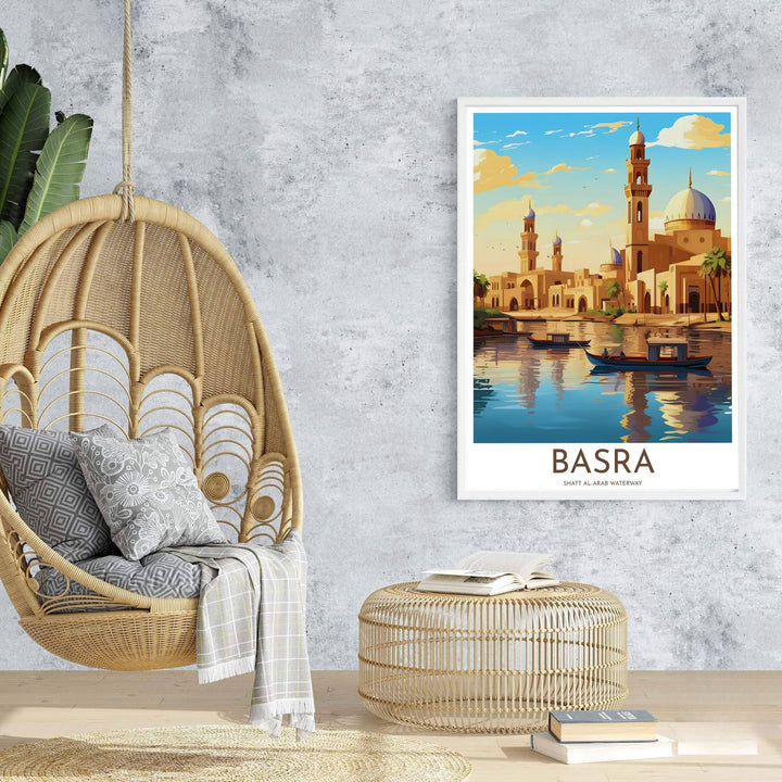 Travel poster of Basra Shatt al-Arab river in Iraq featuring warm sandstone hues, turquoise sky, and palm foliage. Prepared by MapYourDreams, this artwork is available in flexible options including unframed paper, custom wooden frames, and gallery canvas wraps for chic home decor.