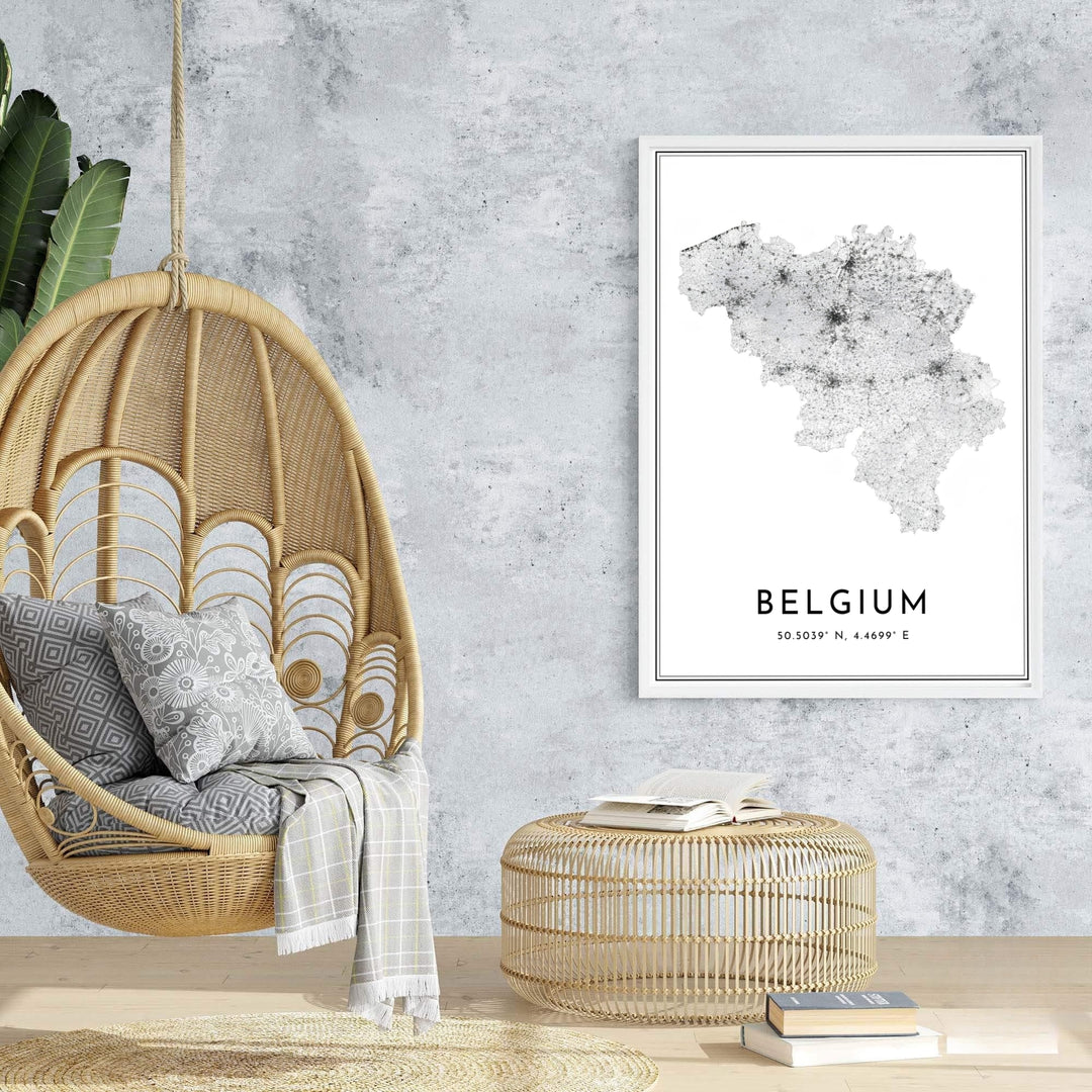 A Belgium country map poster illustrating the national road grid through minimalist line art and precise coordinate markings. Offered by MapYourDreams, this artwork is available in flexible options including unframed paper, custom wooden frames, and gallery canvas wraps.