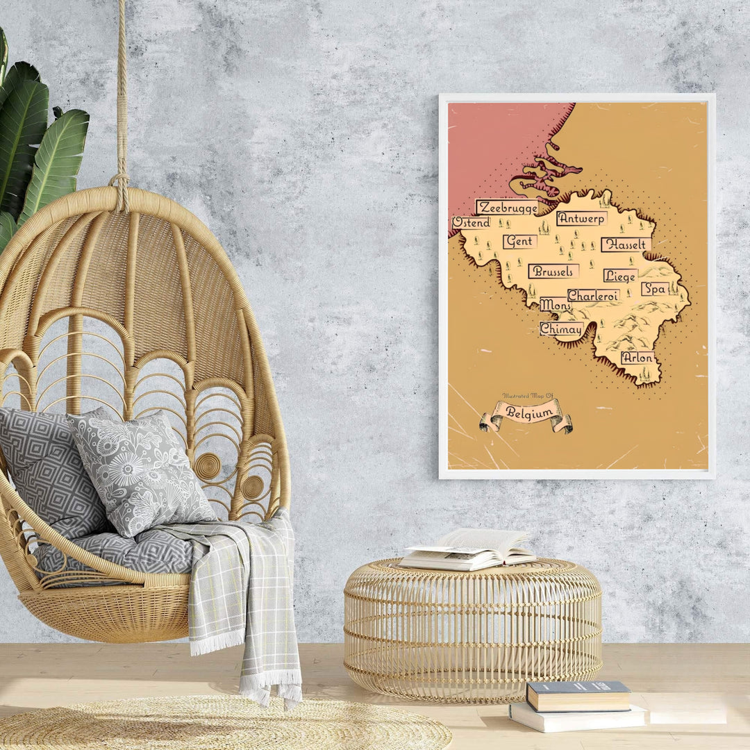 A vintage country map poster illustrating Belgium&