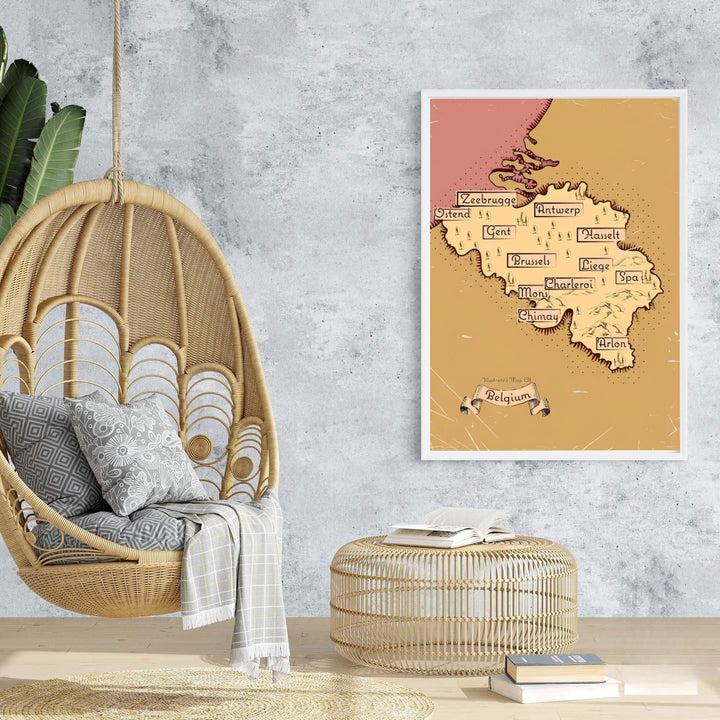 A vintage country map poster illustrating Belgium&