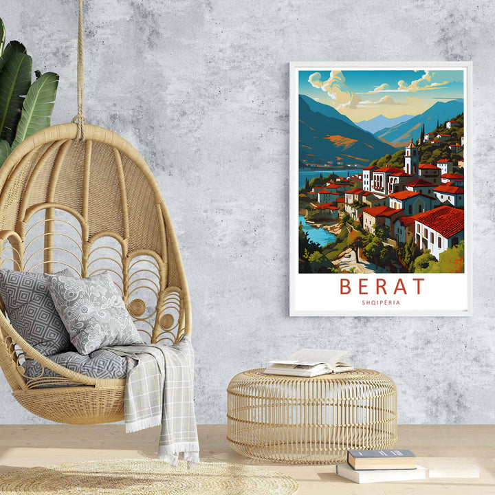 This vibrant red and blue travel print showcases the UNESCO site of Berat Albania with dark timber-framed windows for an inviting home focal point. Offered by MapYourDreams, this artwork is available in flexible options including unframed paper, custom wooden frames, and gallery canvas wraps.
