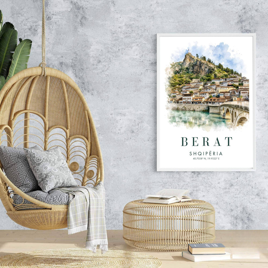 This tranquil turquoise and beige travel wall art print showcases the UNESCO site of Berat with Gorica Bridge and coordinates 40.7058° N, 19.9522° E. Offered by MapYourDreams, this artwork is available in flexible options including unframed paper, custom wooden frames, and gallery canvas wraps.