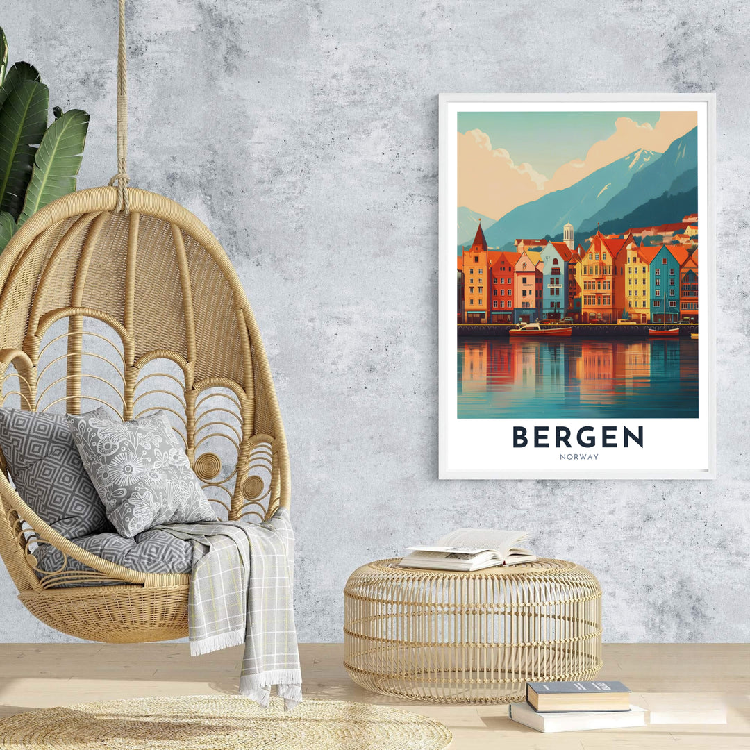 Vibrant travel poster art of Bergen Norway featuring the historic Bryggen wharf, dramatic peak backgrounds, and clean modern typography. Perfect for creating a coastal gallery wall, available in customizable configurations such as unframed art prints, canvas gallery wraps, and durable framed artwork.