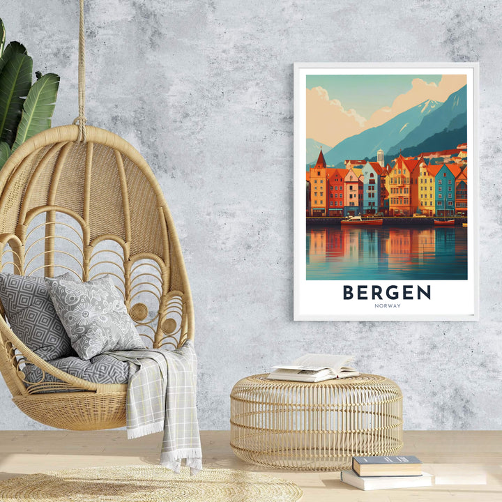 Vibrant travel poster art of Bergen Norway featuring the historic Bryggen wharf, dramatic peak backgrounds, and clean modern typography. Perfect for creating a coastal gallery wall, available in customizable configurations such as unframed art prints, canvas gallery wraps, and durable framed artwork.