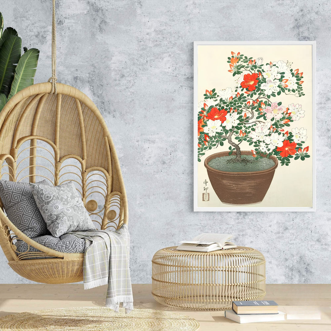 Soft cream background vintage Japanese wall art showing potted azaleas from a historic 1920s Kyoto craft collection. Browse archival framed, unframed, and canvas poster options at MapYourDreams.