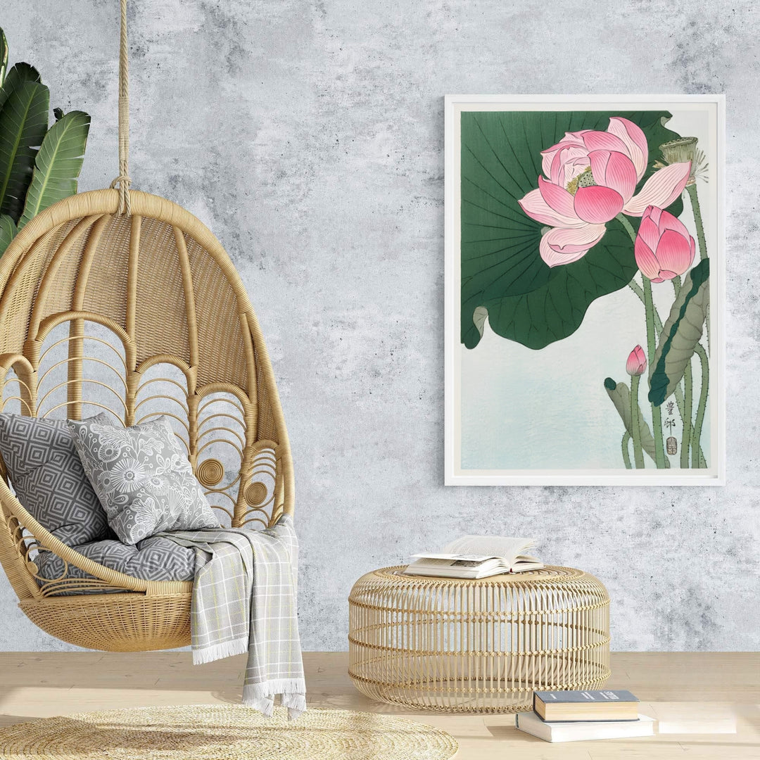 Soft blue-green background vintage Japanese wall art showing lotus flowers from a historic Kyoto collection. Browse archival framed, unframed, and canvas poster choices at MapYourDreams.