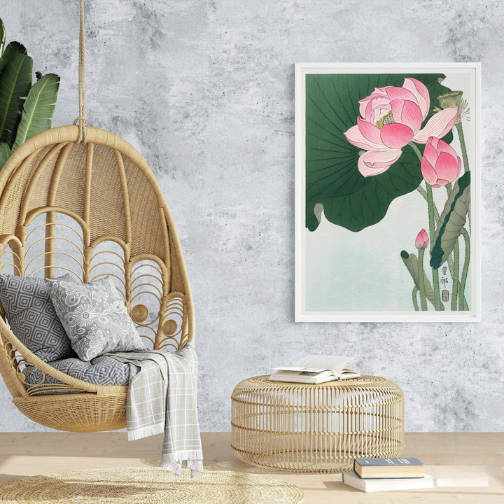 Soft blue-green background vintage Japanese wall art showing lotus flowers from a historic Kyoto collection. Browse archival framed, unframed, and canvas poster choices at MapYourDreams.