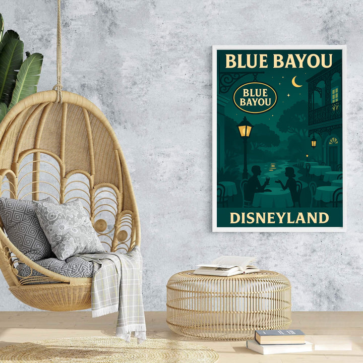 Vibrant retro Disney poster of Blue Bayou in New Orleans Square featuring mid-century vector linework and deep nocturnal colors, offered at MapYourDreams with options for unframed paper prints, gallery-quality stretched canvas, or custom frame finishes for dark moody interior arrangements.