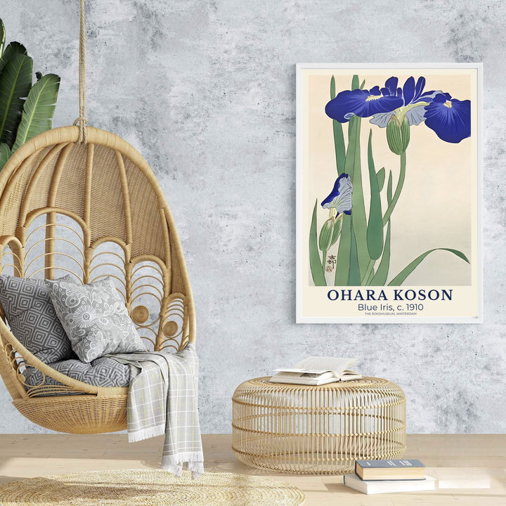 Soft cream background 1910 vintage Japanese wall art showing blue iris flowers from a historic collection at The Rijksmuseum, Amsterdam. Browse archival framed, unframed, and canvas poster choices at MapYourDreams.