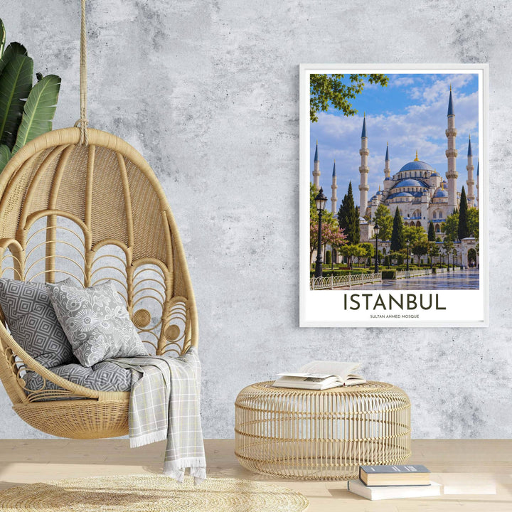 Travel poster of Istanbul Turkey featuring Sultan Ahmed Mosque under a bright blue sky with fluffy white clouds. Prepared by MapYourDreams, this artwork is available in flexible options including unframed paper, custom wooden frames, and gallery canvas wraps for chic home decor.