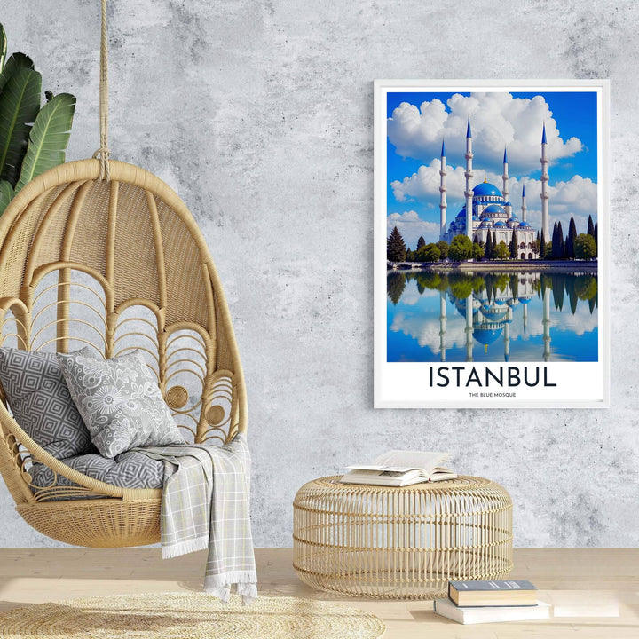Travel poster of Istanbul Turkey featuring Sultan Ahmed Mosque under a bright sky with symmetrical water reflection. Prepared by MapYourDreams, this artwork is available in flexible options including unframed paper, custom wooden frames, and gallery canvas wraps for chic home decor.