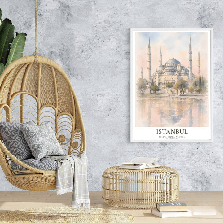 Travel poster of Istanbul Turkey featuring Sultan Ahmed Mosque under a soft blush sky with subtle water reflection. Prepared by MapYourDreams, this artwork is available in flexible options including unframed paper, custom wooden frames, and gallery canvas wraps for chic home decor.
