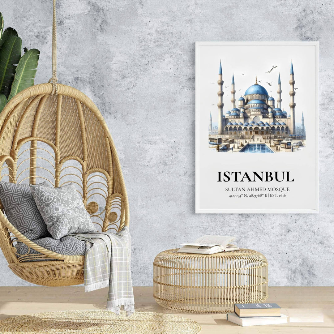 Travel poster of Istanbul Turkey featuring Sultan Ahmed Mosque with cerulean blue domes and soaring seagulls. Prepared by MapYourDreams, this artwork is available in flexible options including unframed paper, custom wooden frames, and gallery canvas wraps for chic home decor.