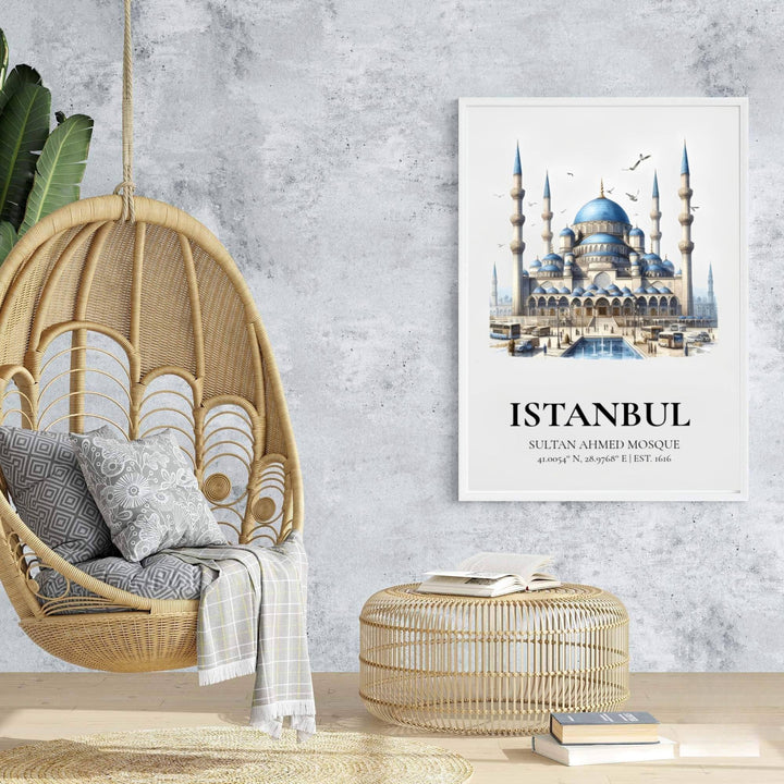 Travel poster of Istanbul Turkey featuring Sultan Ahmed Mosque with cerulean blue domes and soaring seagulls. Prepared by MapYourDreams, this artwork is available in flexible options including unframed paper, custom wooden frames, and gallery canvas wraps for chic home decor.