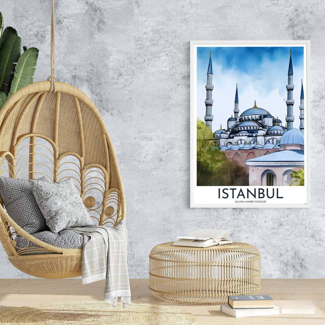 High detail watercolor print depicting Istanbul Blue Mosque domes, minarets, and courtyard arches with fine line art. Brought by MapYourDreams, this artwork is available in flexible options including unframed paper, custom wooden frames, and gallery canvas wraps for study room decor.
