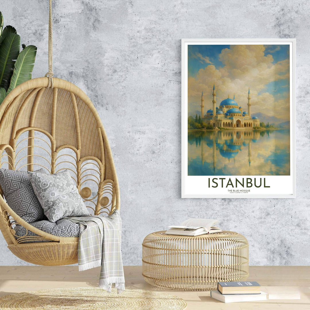 Travel poster of Istanbul Turkey featuring Sultan Ahmed Mosque under dramatic clouds with mirror lake reflections. Prepared by MapYourDreams, this artwork is available in flexible options including unframed paper, custom wooden frames, and gallery canvas wraps for chic home decor.