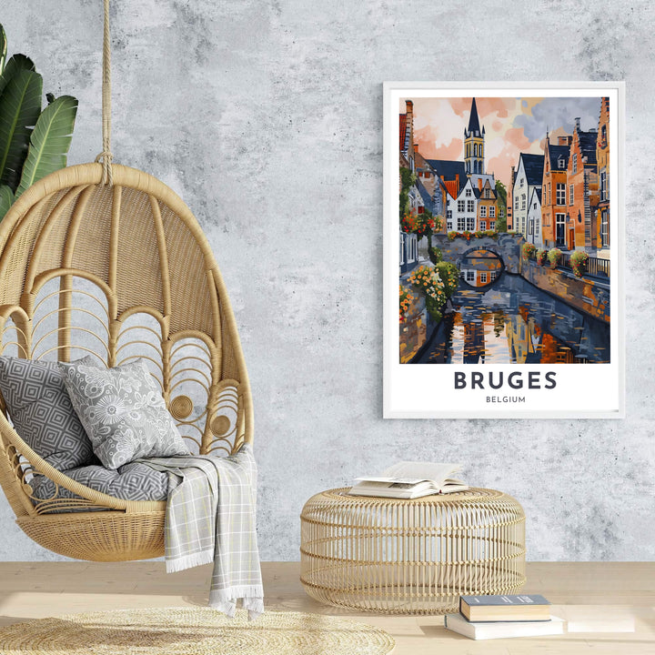 A Bruges Belgium city poster displaying historic canal ways and gabled architecture through rich impressionistic painting style. Offered by MapYourDreams, this artwork is available in flexible options including unframed paper, custom wooden frames, and gallery canvas wraps.