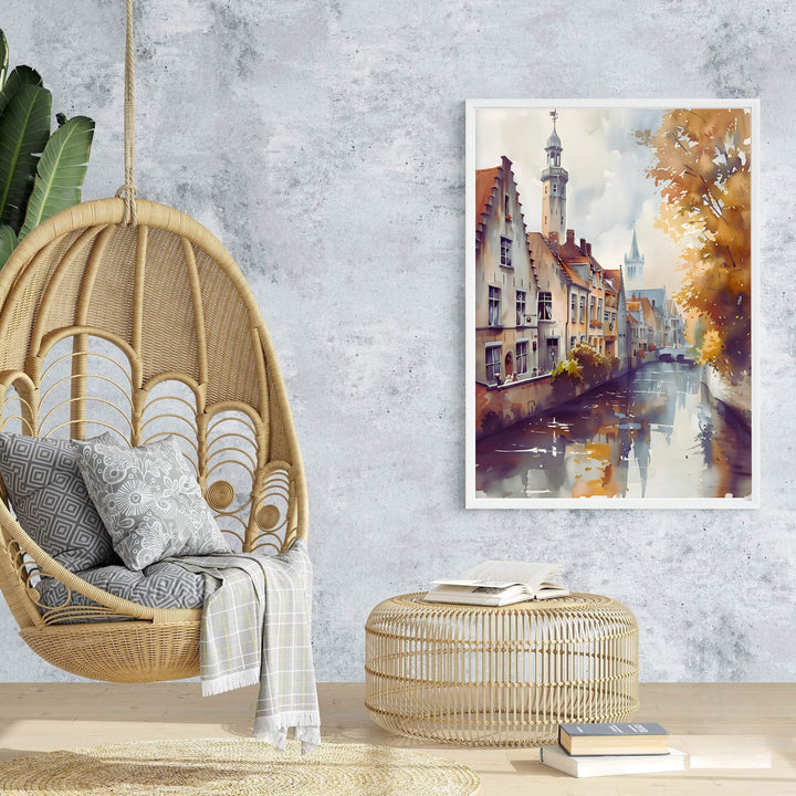 A Bruges Belgium city poster displaying historic canal ways and gabled architecture through light, airy watercolor brushwork. Offered by MapYourDreams, this artwork is available in flexible options including unframed paper, custom wooden frames, and gallery canvas wraps.