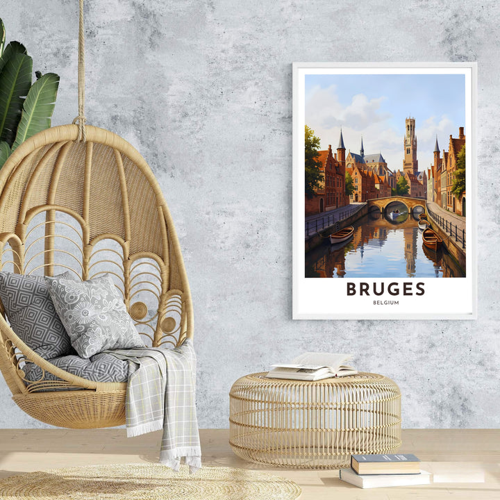 A Bruges Belgium city poster displaying historic canal ways and the medieval Belfry Tower through clean contemporary illustration. Offered by MapYourDreams, this artwork is available in flexible options including unframed paper, custom wooden frames, and gallery canvas wraps.