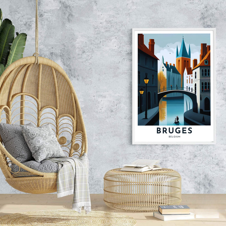 A refined European art print showcasing the iconic canal scenery of Bruges, Belgium, in deep teal, burnt orange, mustard yellow, and crisp white. Offered in flexible choices such as unframed archival poster paper, custom wood framing, and gallery canvas wraps.