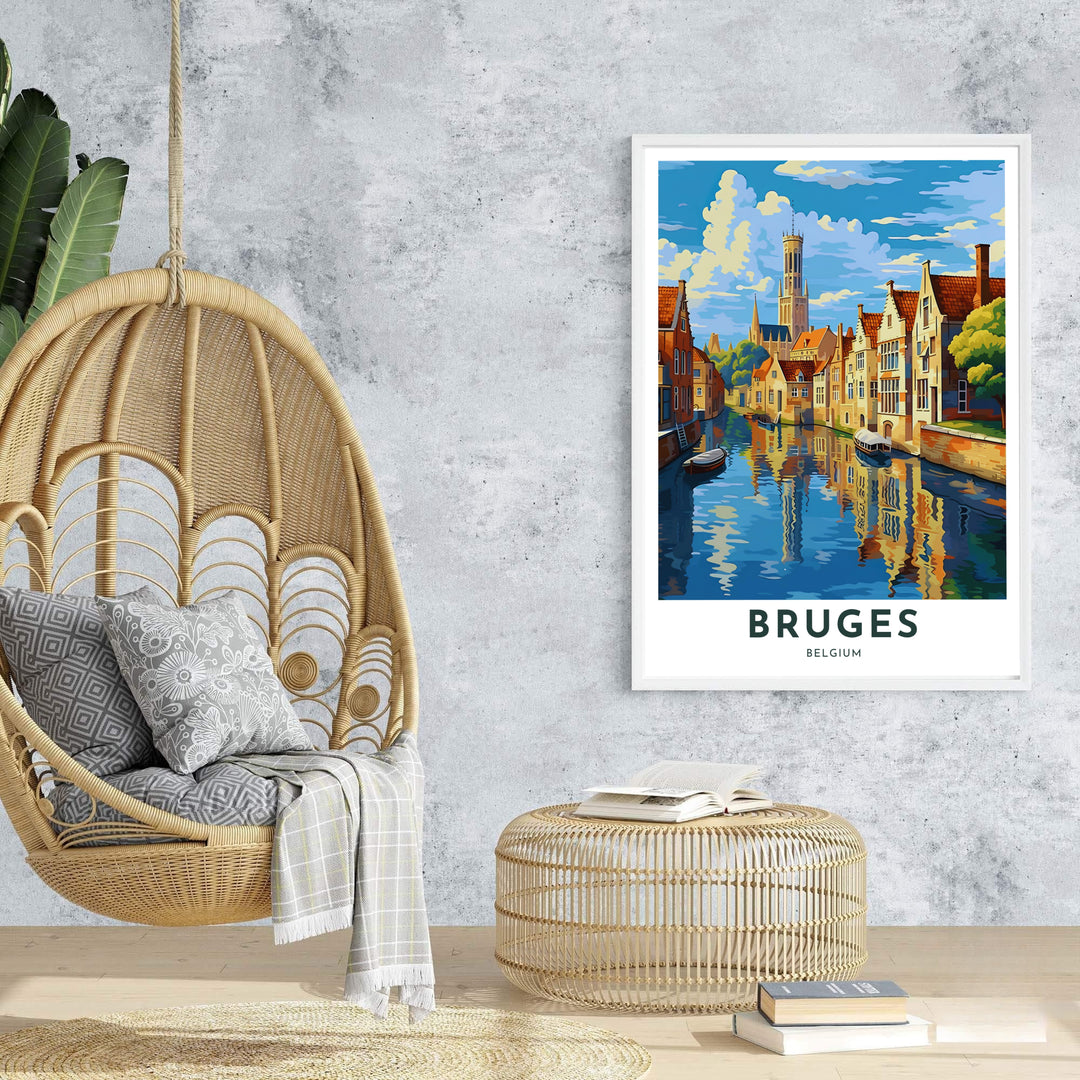 A Bruges Belgium city poster displaying historic canal ways and the medieval Belfry Tower through energetic contemporary illustration. Offered by MapYourDreams, this artwork is available in flexible options including unframed paper, custom wooden frames, and gallery canvas wraps.