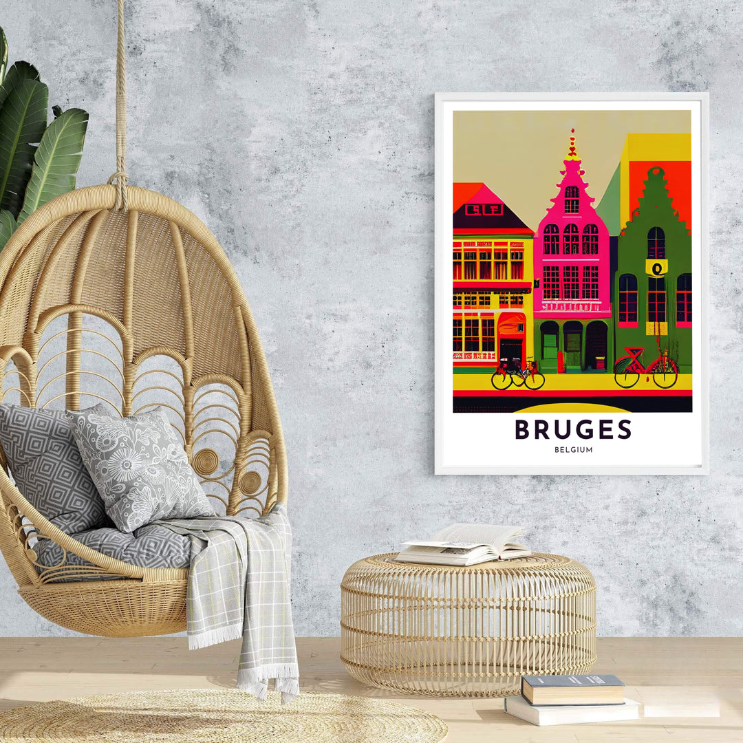 A Bruges Belgium city poster displaying historic gabled townhouses and street bicycles through high-saturation contemporary pop art design. Offered by MapYourDreams, this artwork is available in flexible options including unframed paper, custom wooden frames, and gallery canvas wraps.