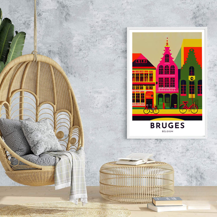 A Bruges Belgium city poster displaying historic gabled townhouses and street bicycles through high-saturation contemporary pop art design. Offered by MapYourDreams, this artwork is available in flexible options including unframed paper, custom wooden frames, and gallery canvas wraps.