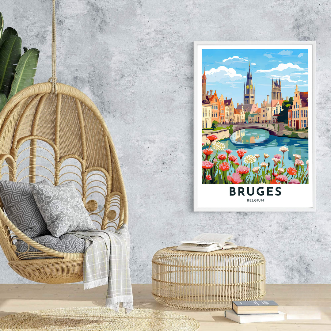 An enchanting Belgian landscape print featuring foreground flowers, calm water, and a historic stone bridge in Bruges, Belgium. Offered by MapYourDreams, this artwork is available in flexible options including unframed paper, custom wooden frames, and gallery canvas wraps