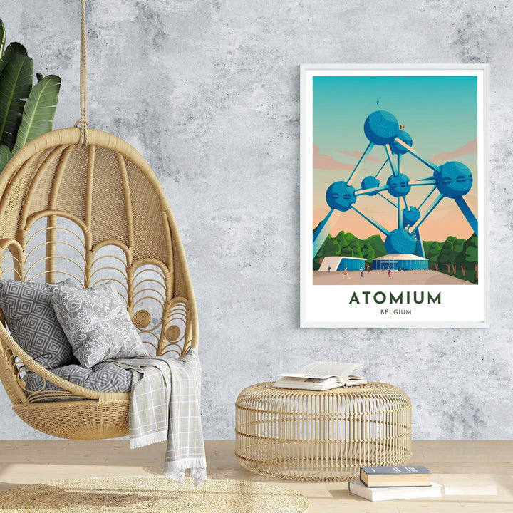 An enchanting Belgian architectural print showcasing the iconic Atomium in Brussels, Belgium, with soft lighting and graphic vector precision. Offered by MapYourDreams, this artwork is available in flexible options including unframed paper, custom wooden frames, and gallery canvas wraps.