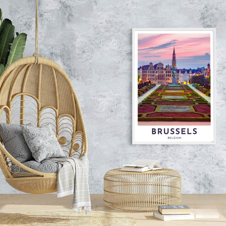 An enchanting travel poster capturing the romantic dusk atmosphere over Mont des Arts in Brussels, Belgium, with vibrant pink sky hues. Offered by MapYourDreams, this artwork is available in flexible options including unframed paper, custom wooden frames, and gallery canvas wraps.