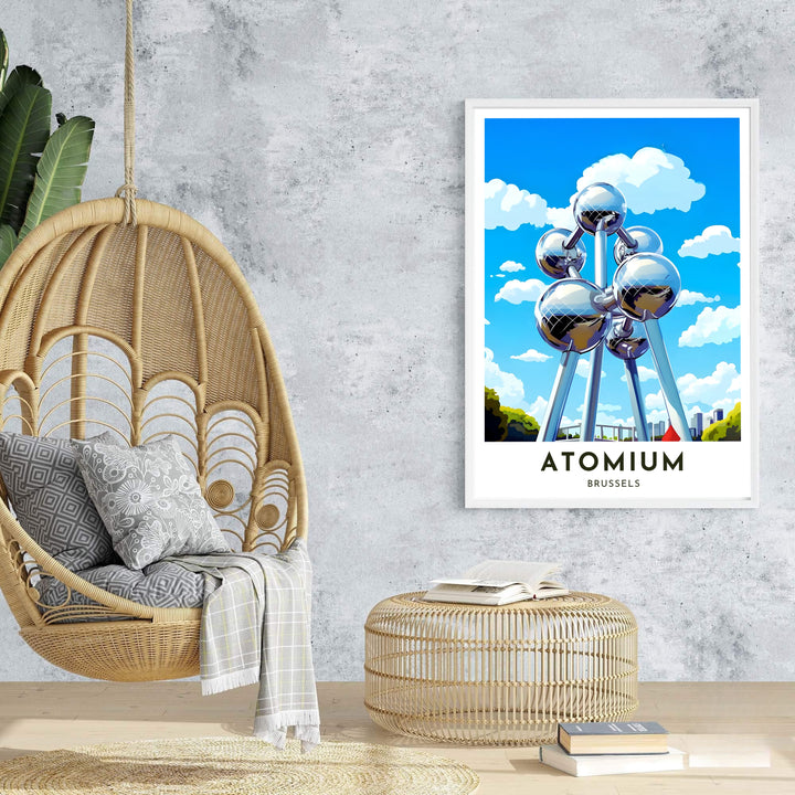 An enchanting travel poster capturing the futuristic optimism of the Atomium in Brussels, Belgium, with brilliant blue sky tones. Offered by MapYourDreams, this artwork is available in flexible options including unframed paper, custom wooden frames, and gallery canvas wraps.