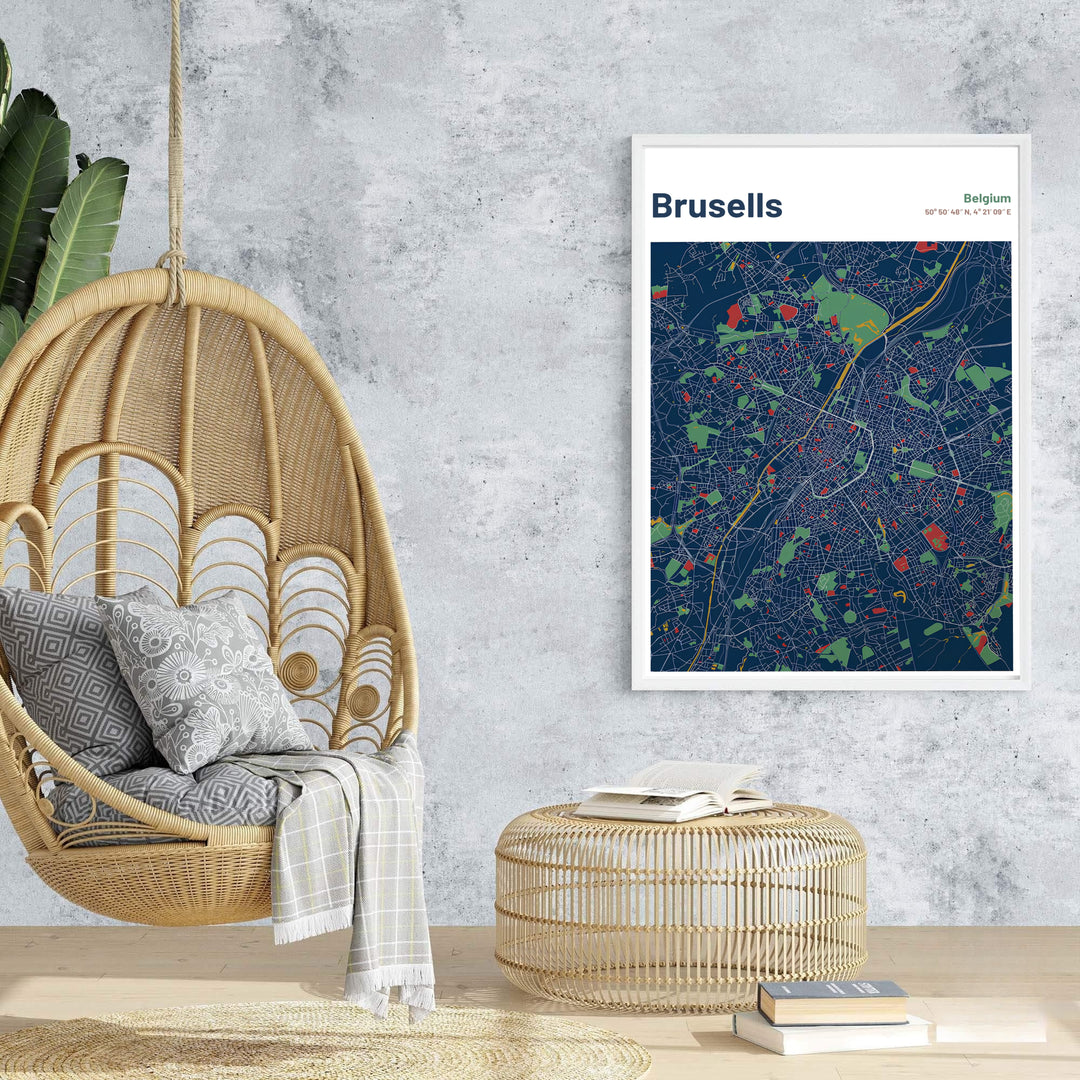An enchanting map poster capturing the modern cartographic beauty of Brussels, Belgium, with white line details and rich color depth. Offered by MapYourDreams, this artwork is available in flexible options including unframed paper, custom wooden frames, and gallery canvas wraps.