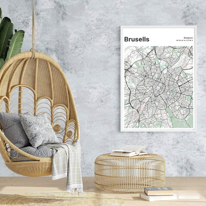 An enchanting map poster capturing the modern cartographic charm of Brussels, Belgium, with crisp lines and fresh colors. Offered by MapYourDreams, this artwork is available in flexible options including unframed paper, custom wooden frames, and gallery canvas wraps.
