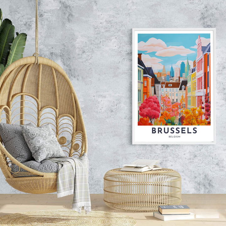 An enchanting travel poster capturing the vibrant fall colors and unique architecture of Brussels, Belgium, in rich vector artwork. Offered by MapYourDreams, this artwork is available in flexible options including unframed paper, custom wooden frames, and gallery canvas wraps.
