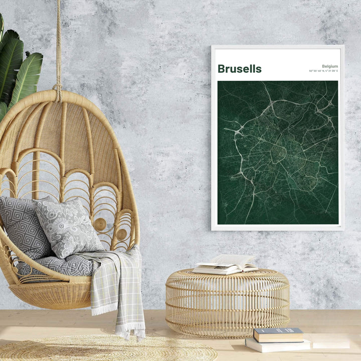 An enchanting map poster capturing the modern cartographic depth of Brussels, Belgium, with crisp road lines and rich color saturation. Offered by MapYourDreams, this artwork is available in flexible options including unframed paper, custom wooden frames, and gallery canvas wraps.