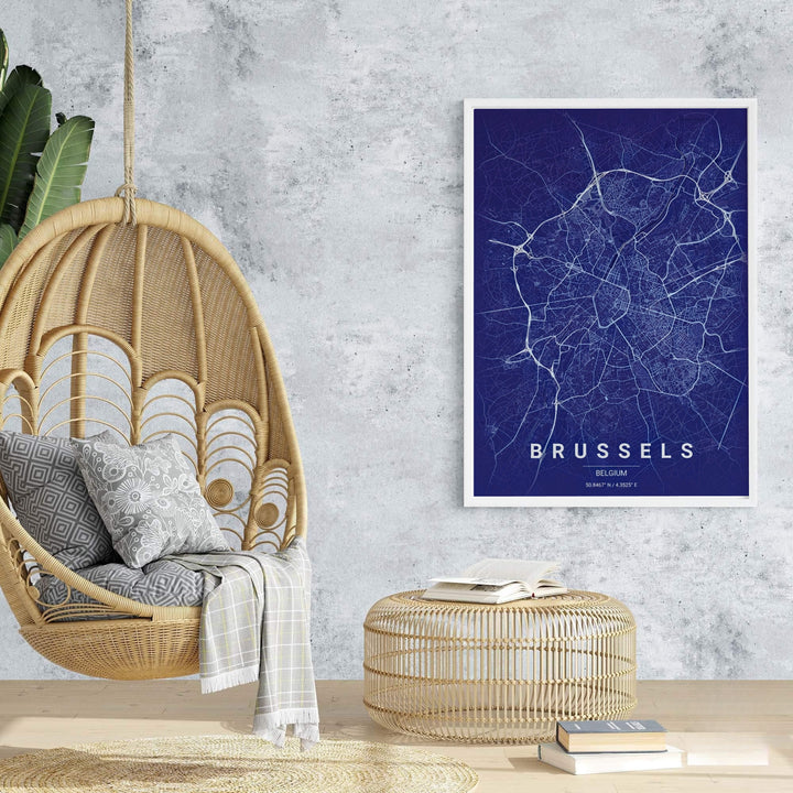 An enchanting map poster capturing the modern cartographic clarity of Brussels, Belgium, with clean white road lines and rich indigo blue saturation. Offered by MapYourDreams, this artwork is available in flexible options including unframed paper, custom wooden frames, and gallery canvas wraps.