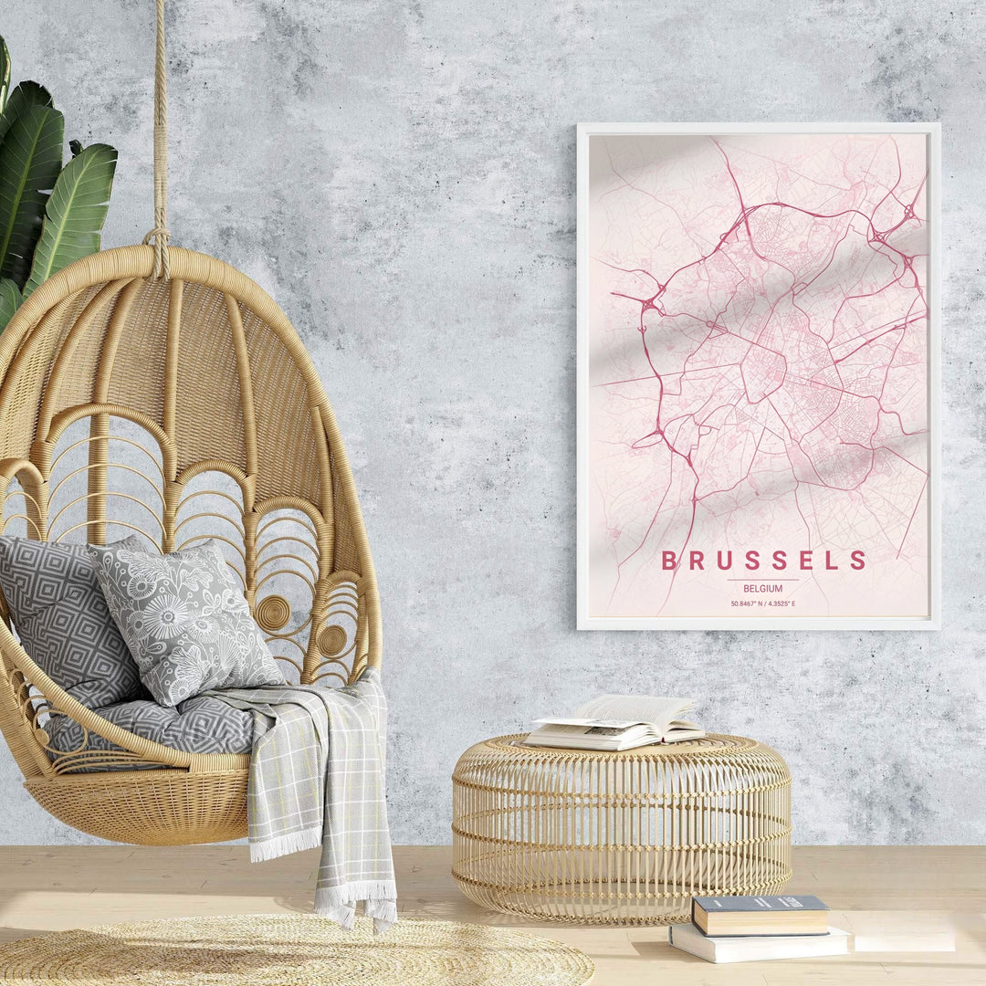 An enchanting map poster capturing the modern cartographic clarity of Brussels, Belgium, with crisp magenta road lines and soft pink saturation. Offered by MapYourDreams, this artwork is available in flexible options including unframed paper, custom wooden frames, and gallery canvas wraps.