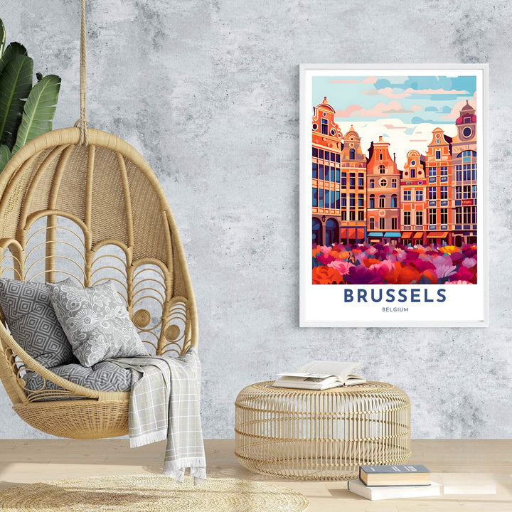 An enchanting art poster capturing the vibrant spirit and architectural majesty of Brussels Grand Place in Belgium in a vector style. Offered by MapYourDreams, this artwork is available in flexible options including unframed paper, custom wooden frames, and gallery canvas wraps.